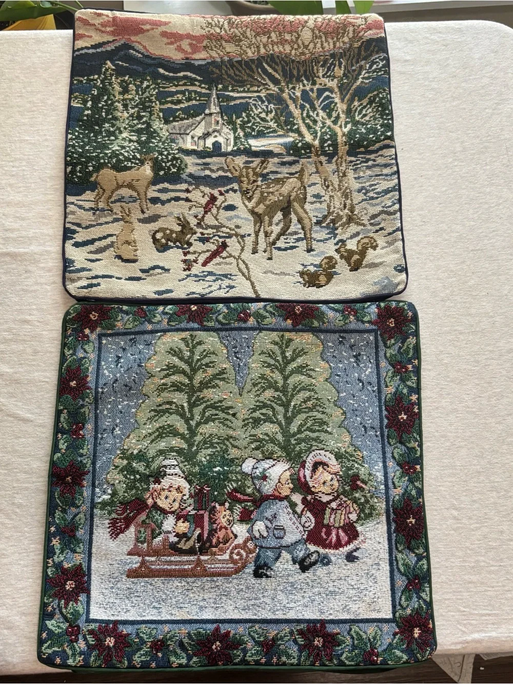 Vintage Christmas Woven Tapestry Cushion Cover Set Church Deer Children 15x15